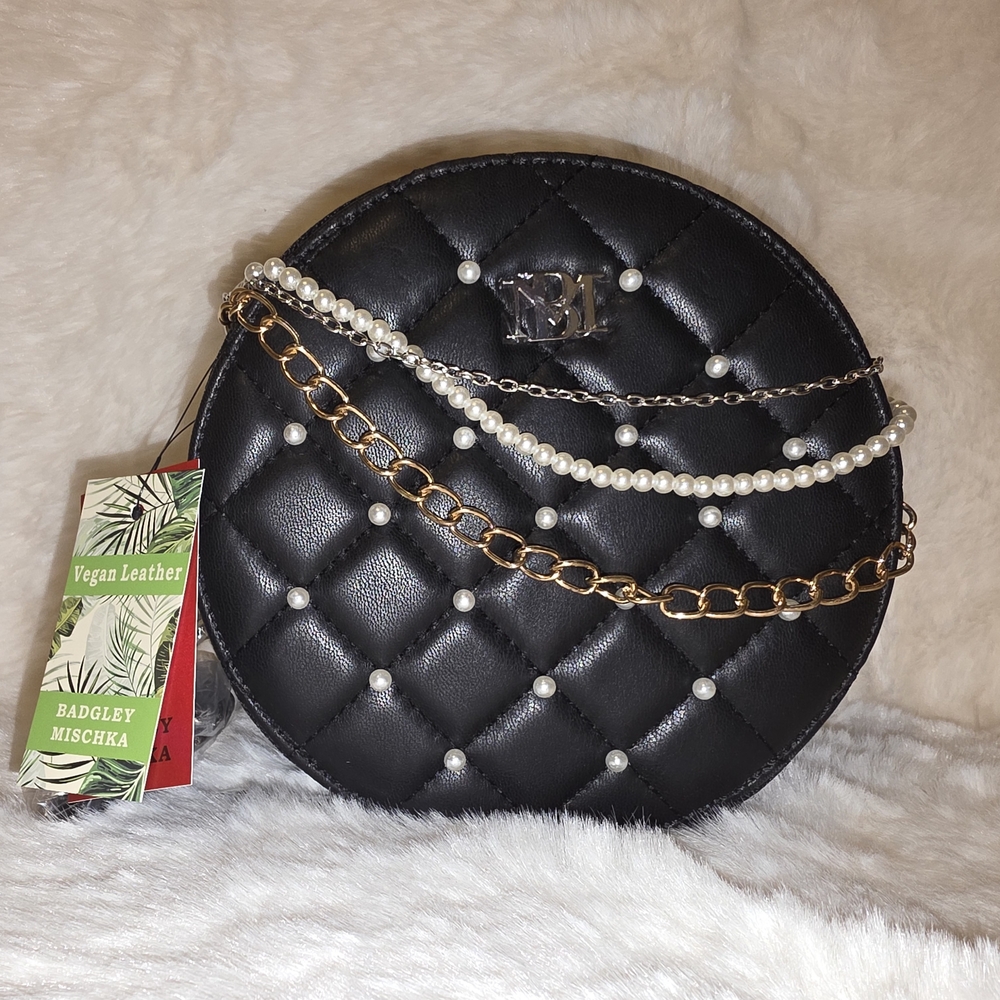 Badgley Mischka Black Quilted Mini Bag with Pearl and Chain Accents